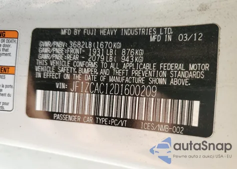 2013 Subaru Brz 2.0 Limited из США, поврежденный, VIN JF1ZCAC12D1600209